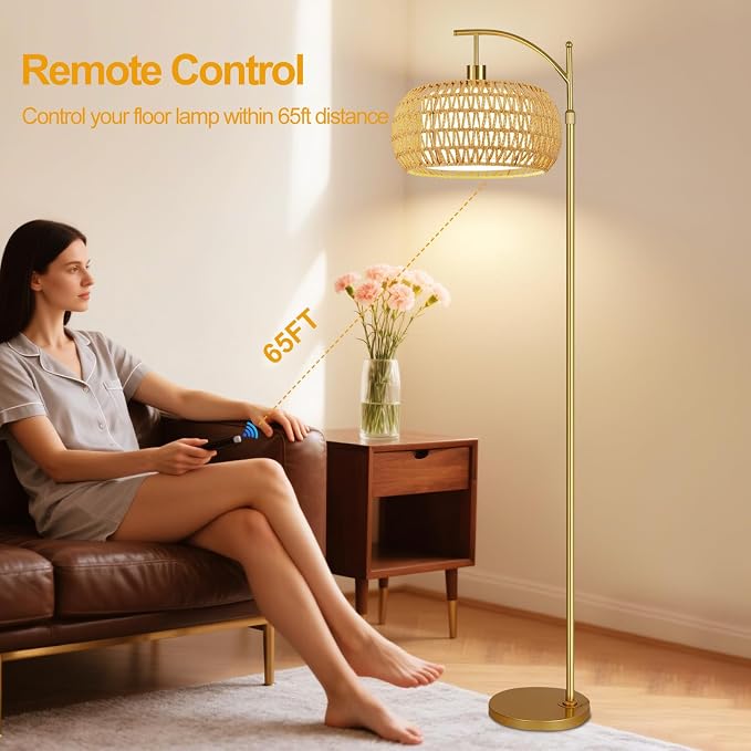 ZECOXOL Gold Floor Lamps for Living Room Rattan Boho Floor Lamp - Image 4