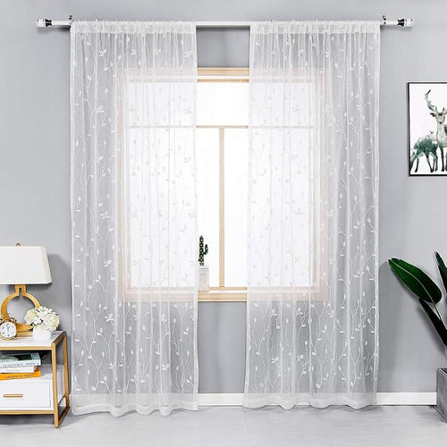 AmHoo 2 Panels Embroidered Leaf Pattern Semi Sheer Curtains Foliage Floral - Image 2