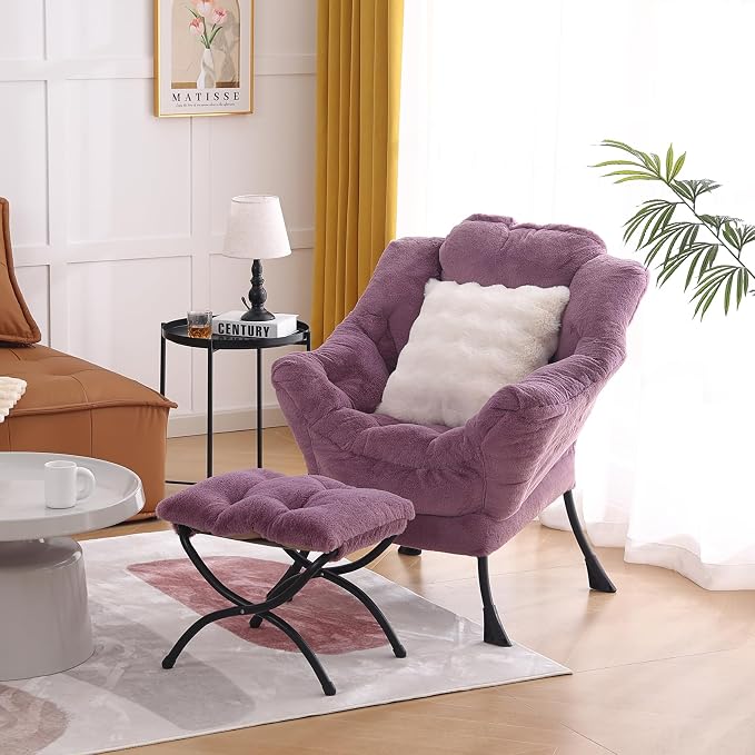 Lazy Chair with Ottoman, Large Purple Accent Chair with Ottoman and FA Throw by HomeEastllyHome
