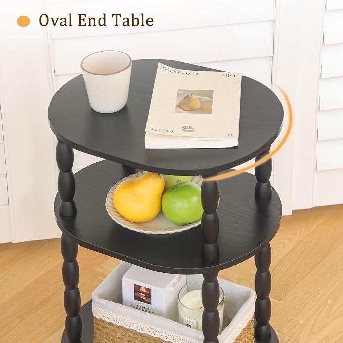MaxSmeo Black Side Table, 3-Tier Small Oval End Table, Modern Night Stand Wood - Image 6