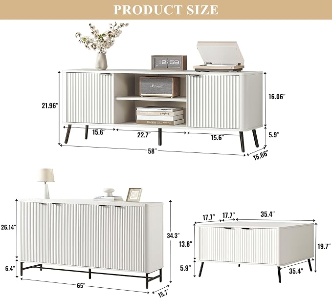 Fatmok Fluted Furniture Collection – 65" Buffet Cabinet, Mid Century Modern - Image 2