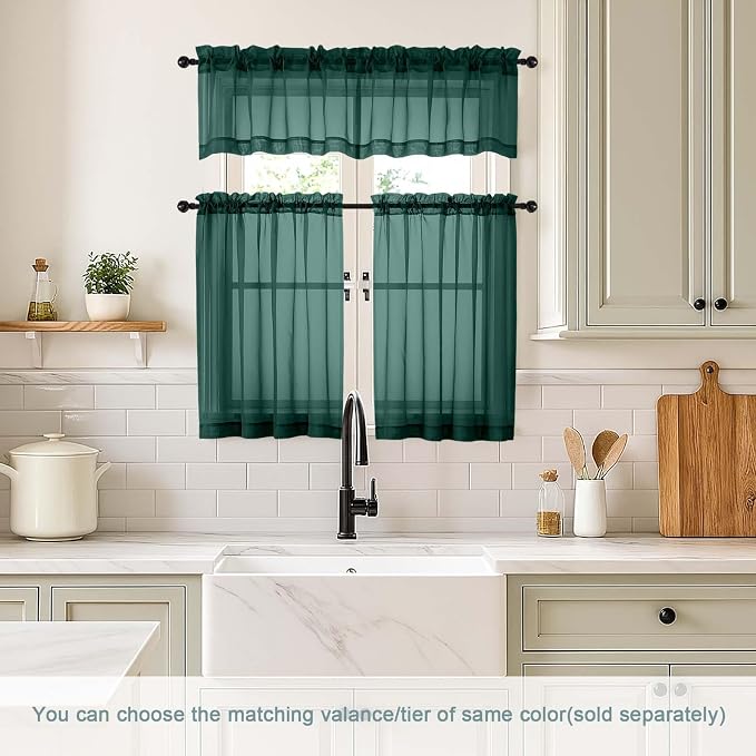 Green Valances for Windows 14 inch Length 2 Panels, Small Voile Sheer Curtains - Image 2