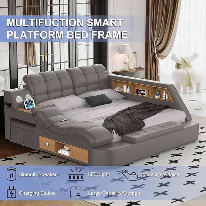 Luxury Smart King Bed Frame, Leather Headboard/Strong Wooden Slats - Image 3