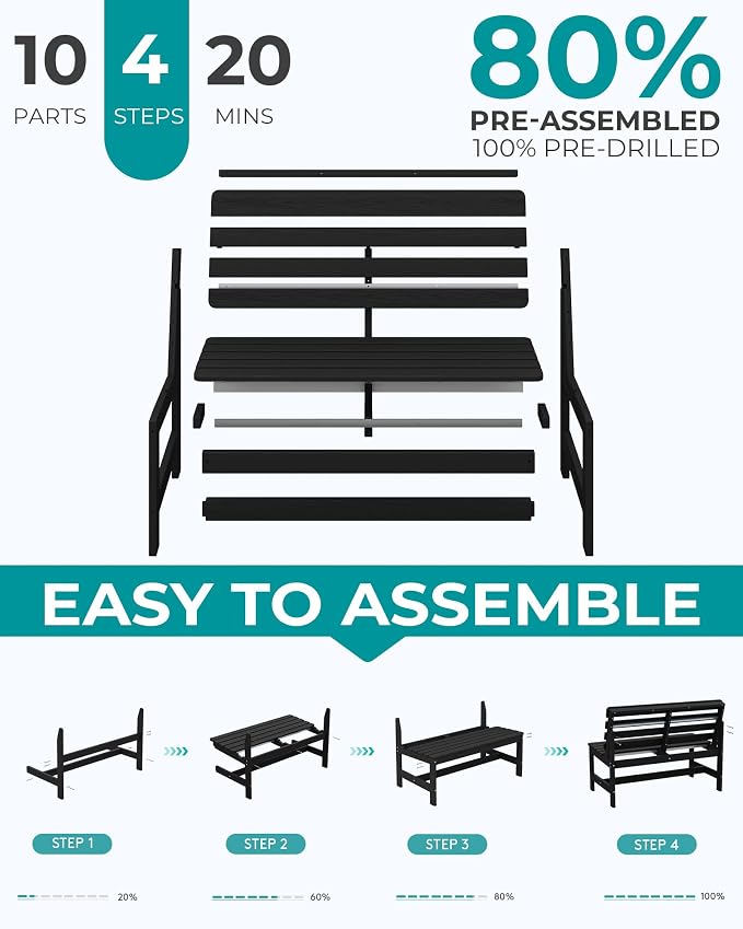 SERWALL Outdoor Bench, All Weather HDPE Outdoor Benches, 2-Person Armless Porch - Image 8