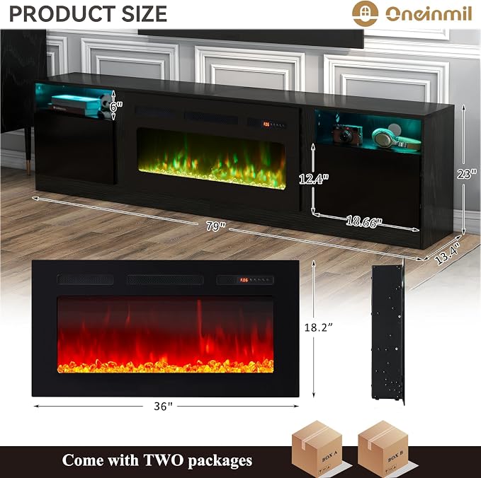 oneinmil 80” TV Stand with 36” Electric Fireplace, Large Modern Media - Image 4
