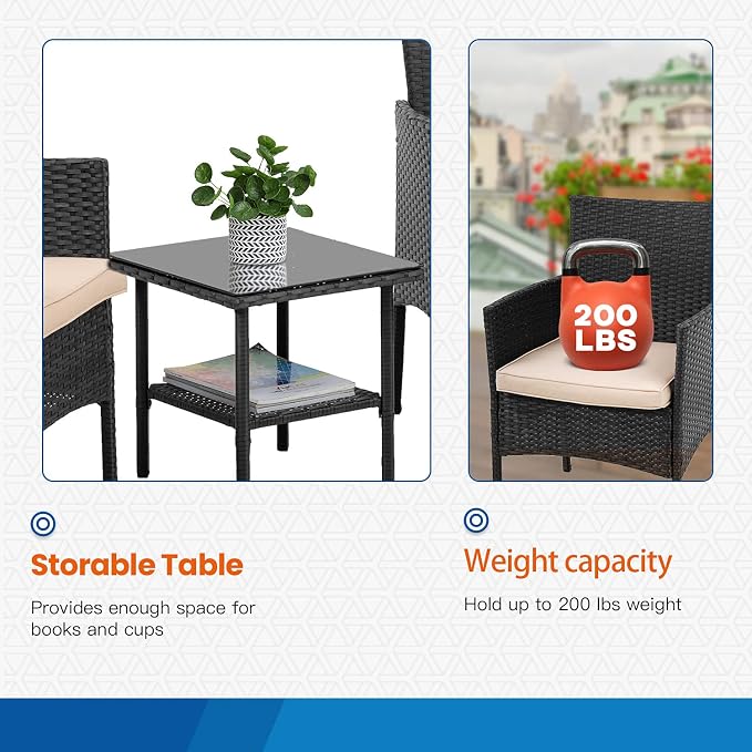 FDW | 3-Piece Patio Furniture Set | Black | Outdoor Wicker Furniture - Image 4