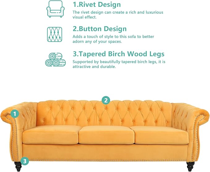 Chesterfield 3 Seater Sofa, Modern Velvet Tufted Couch 3 Seater - Image 8