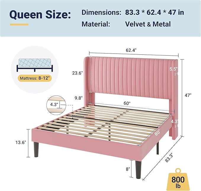 Allewie Queen Size Velvet Bed Frame/Vertical Channel Tufted Wingback - Image 2