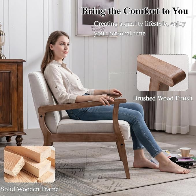 BESTANO Accent Chair Mid Century Modern Armchair, Linen Upholstered Living Room - Image 6