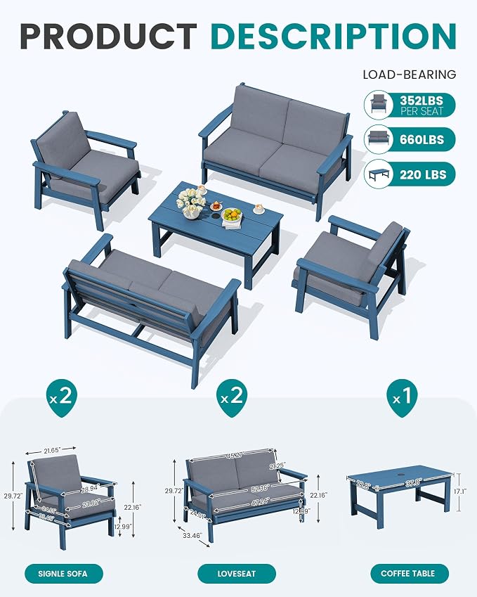 SERWALL HDPE Patio Furniture Set, 5 Piece All Weather Wood-Like Sectional - Image 2
