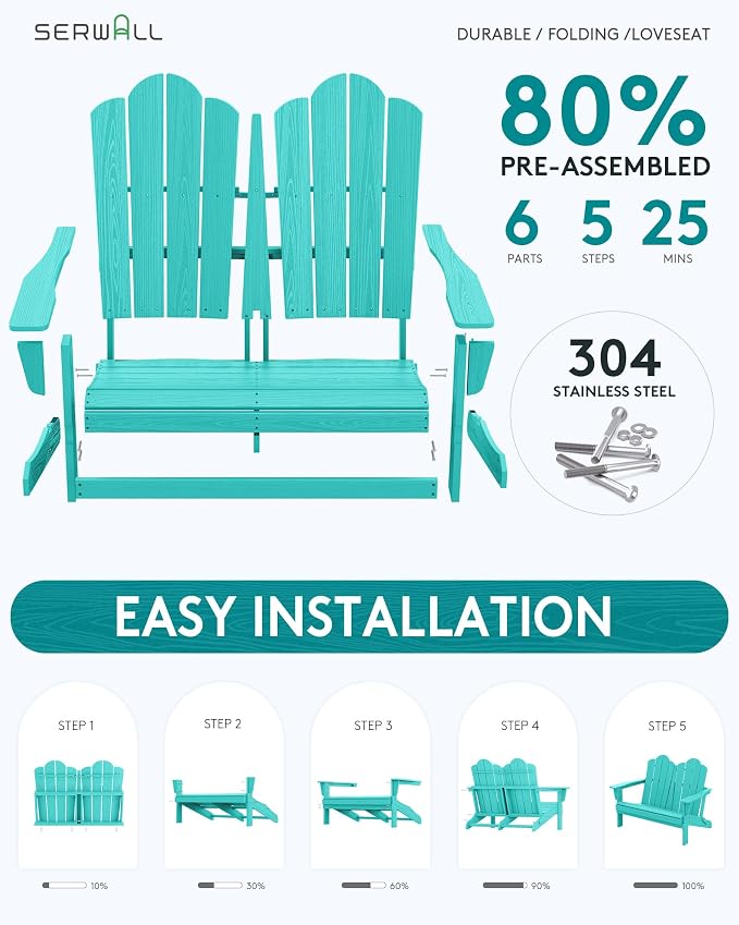 SERWALL Folding Adirondack Bench, HDPE All-Weather Adirondack Loveseat Set of 2 - Image 4
