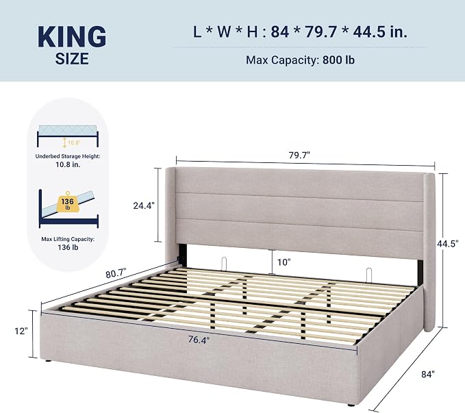 Allewie King Size Lift Up Storage Bed, Modern Wingback Headboard, Hydraulic - Image 2