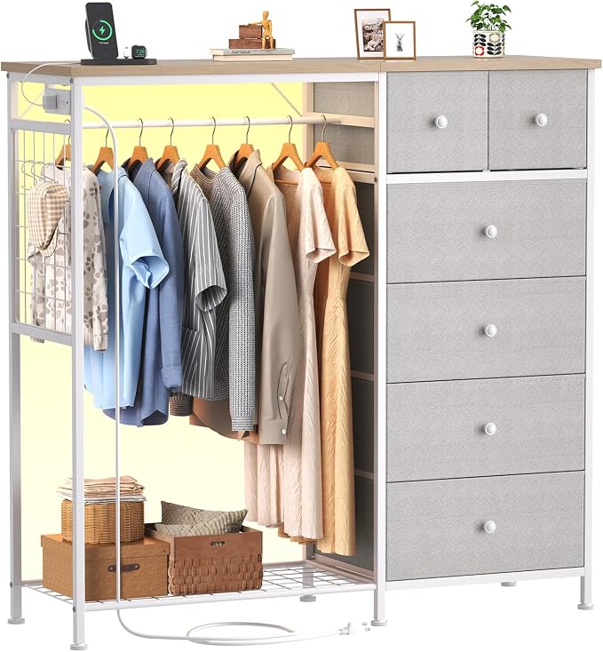 DUMOS Dresser for Bedroom with Hanging Rack, 6 Drawer Fabric Dresser with by DumosLifestyle