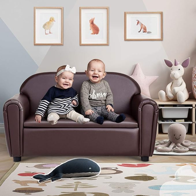 Costzon Kids Couch, 2 in 1 Double Seat Children's Sofa w/Under Seat Storage - Image 2