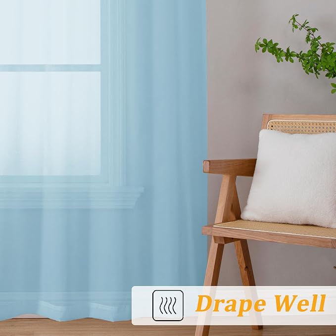 Gwine Sky Blue Sheer Kitchen Curtains 36 Inch Length, Light Filtering Voile - Image 6