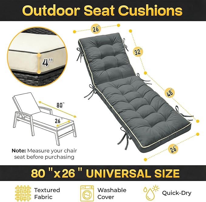 80x26 Inch Folding Chaise Lounge Cushion Quick Dry - Image 5
