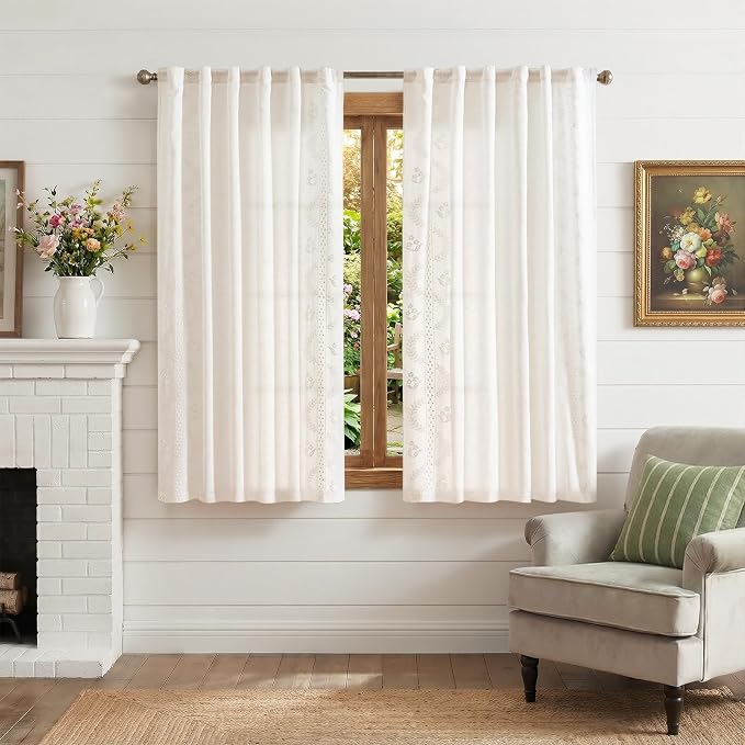 jinchan Belrose Linen Floral Cafe Curtains 54 Inch Length Embroidered Farmhouse - Image 2