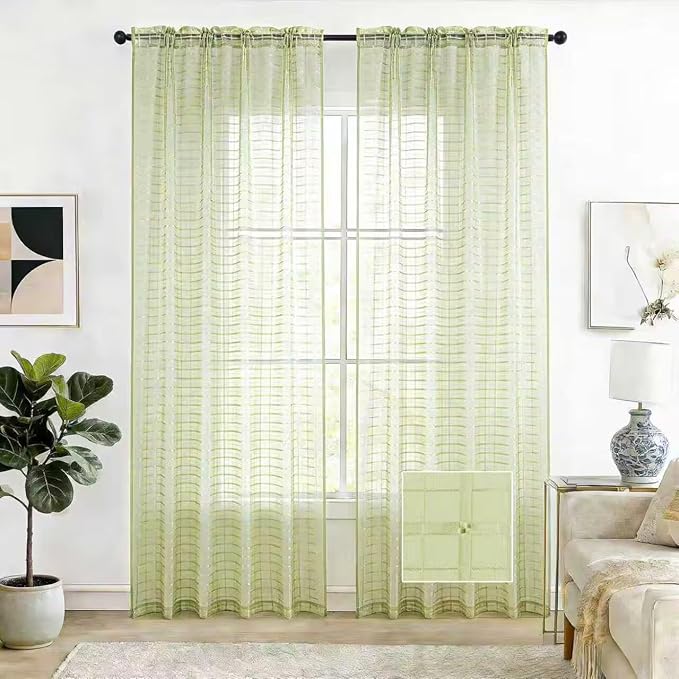 SpaceDresser Check Sheer Curtains 84 Inches 2 Panels Set, Rod Pocket Plaid by SpaceDresser