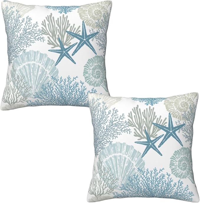 Nautical Coastal Beach Pillow Covers 18x18 Set of 2, Ocean Themed Seashell by Tebjh