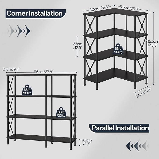 HOOBRO Corner Bookshelf, 4-Tier L-Shaped Bookcase, Industrial Open Display - Image 2