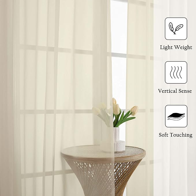 Lecloud Cream Sheer Curtains 120 Inches Long 2 Pcs, Rod Pockets Voile Living - Image 2