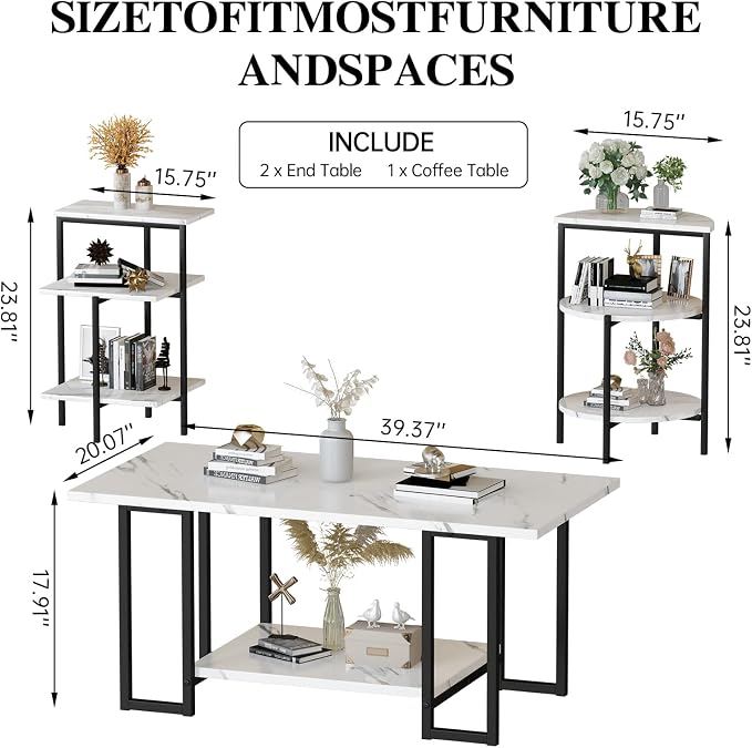 AWQM Faux Marble Table Set, Coffee Table & 2 Side Table, Faux Marble Tabletop - Image 2
