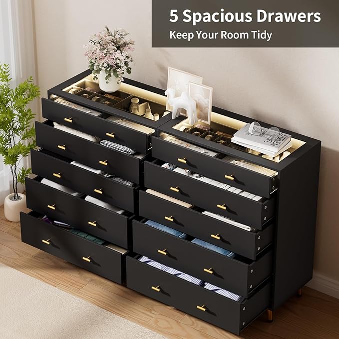 Drawer Dresser with LED Lights, 30.7" W x 39" H Tall Tempered Glass Top Dresser - Image 4