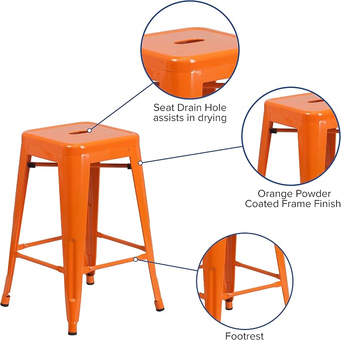 Flash Furniture Kai Commercial Grade 24" High Backless Orange Metal - Image 4