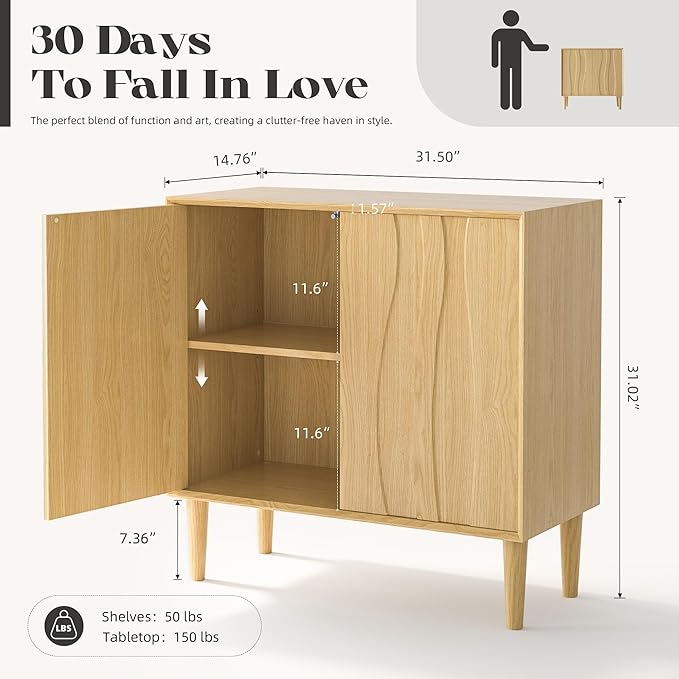 Easyego 31.5″ Mid Century Modern Sideboard Buffet Cabinet, Natural Wood Accent - Image 2