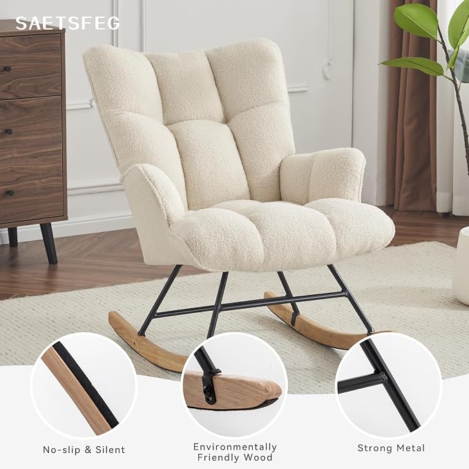 SAETSFEG Rocking Chair Nursery Teddy Upholstered Glider Rocker Rocking Accent - Image 5