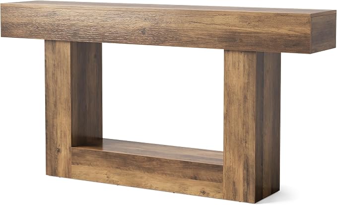LITTLE TREE 63 Inches Long Console Table, 2-Tier Farmhouse Sofa Table Behind - Image 9