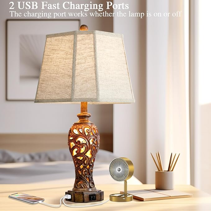 Set of 2 Rustic Table Lamps for Living Room Bedroom, 2 USB Ports 25'' Vintage - Image 2
