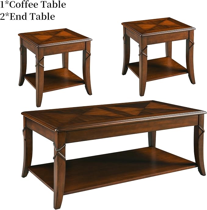 Mid-Century Modern Coffee Table Set of 3, 3-Piece Solid Wood Living Room Table - Image 3
