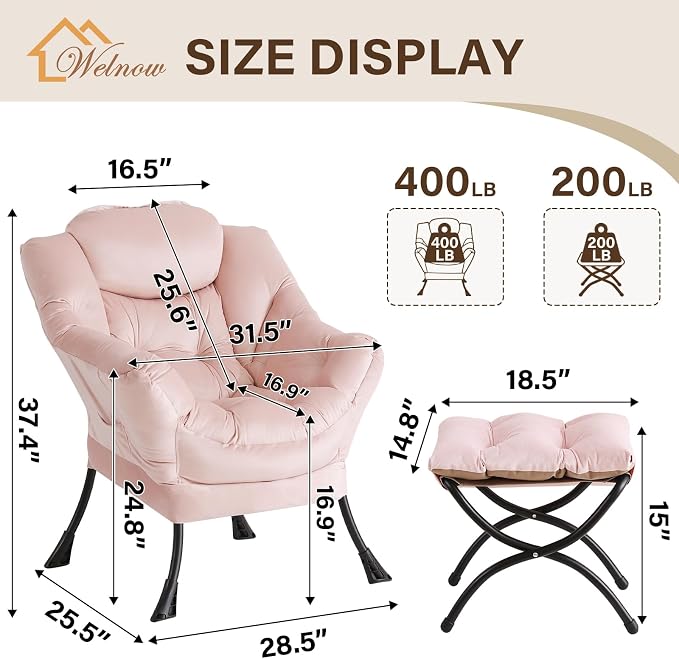 Welnow Lazy Chair with Ottoman, Modern Accent Chair with Armrests and a Side - Image 3