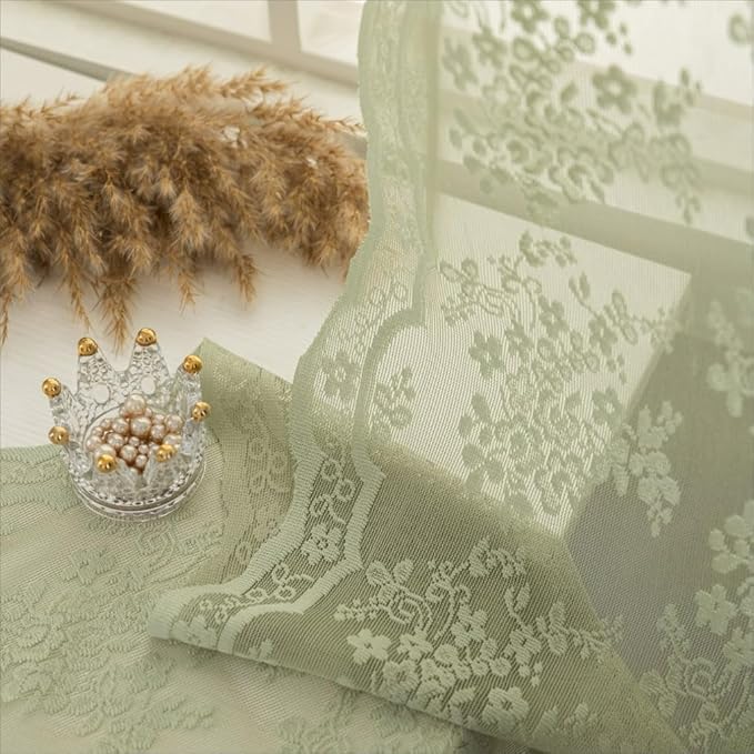 YJ YANJUN Vintage Lace Curtains -Victorian Floral Sage Green 102 inches Curtains - Image 6