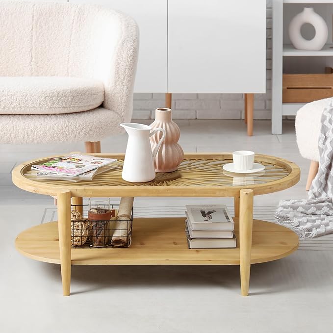 RUSTOWN Rattan Coffee Tables, 2-Tier Oval Boho Cocktail Tables, Mid Century - Image 6