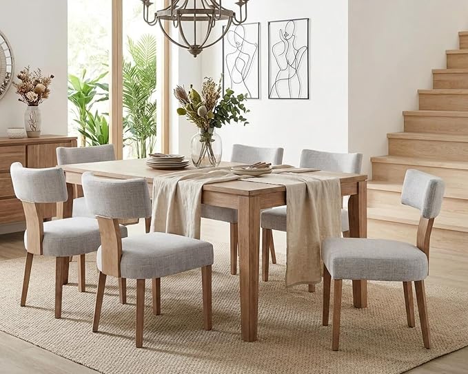 HNY Set of 6 Mid Century Modern Dining Chairs, Farmhouse Linen Fabric - Image 7