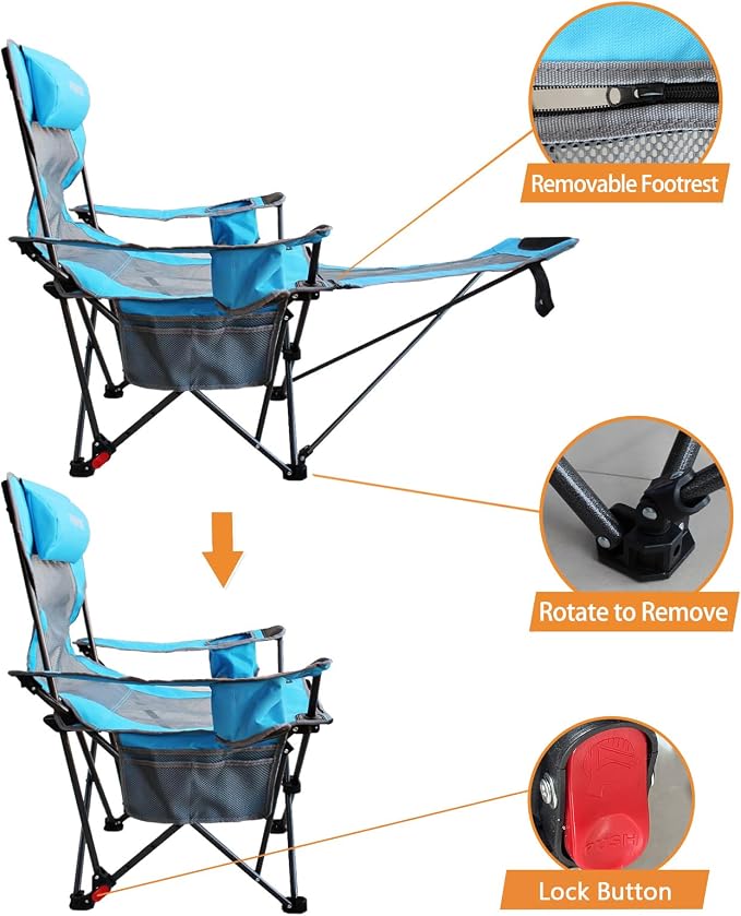 Reclining Camping Chair with Removable Footrest Lounge Chair with Headrest - Image 6