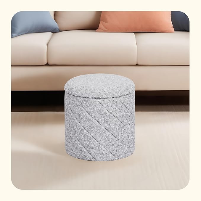 PINPLUS Ottoman with Stroage Round Boucle Ottoman and Tray Sherpa Removable - Image 2
