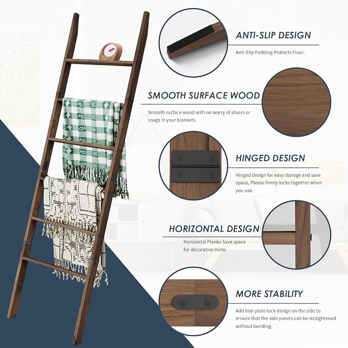 Acacia Wood 6-Tier Blanket Ladder, 5.7FT Blanket Quilt Towel Holder Rack - Image 3
