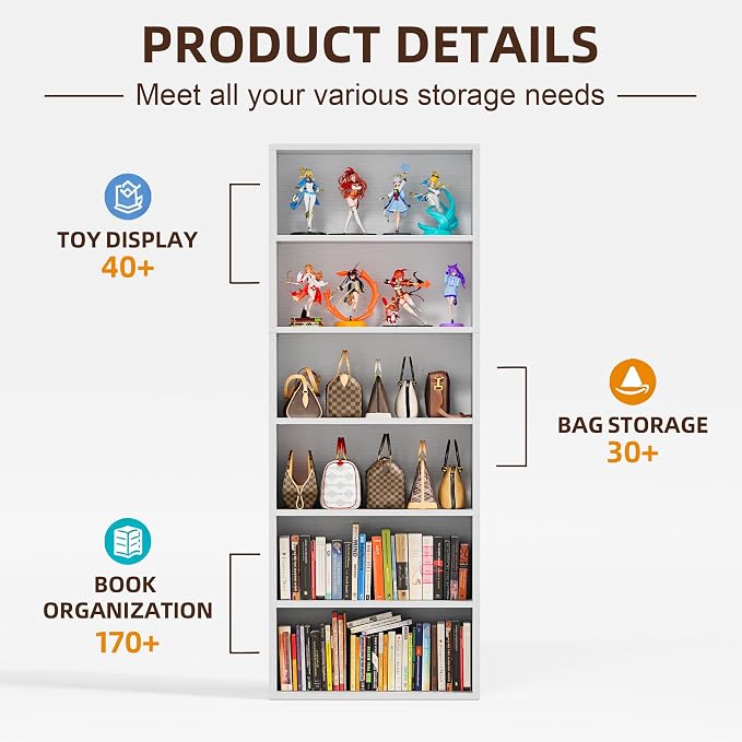Furniwell 71" Tall Bookcase Bookshelves, 6 Tier Floor Standing Bookcases Open - Image 6