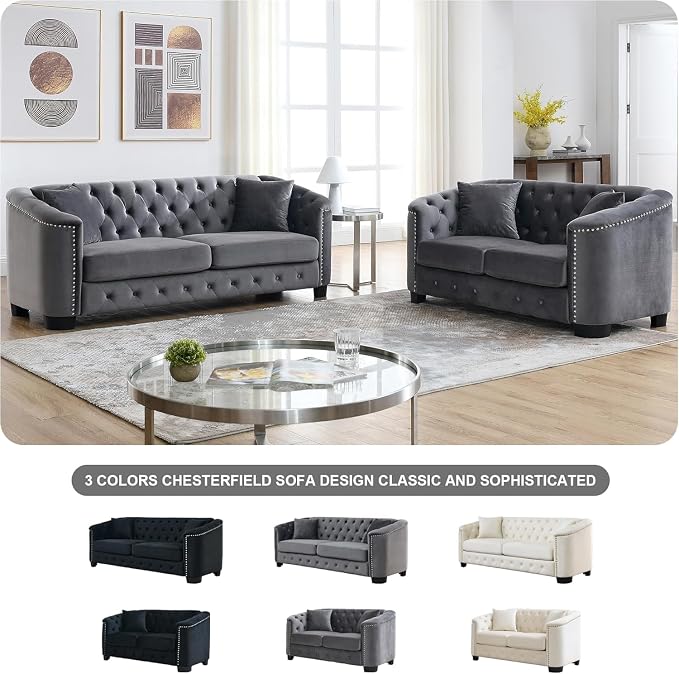 2 Piece Modern Chesterfield Velvet 77" 3-Seater+59" Loveseat Sofa Set, - Image 5