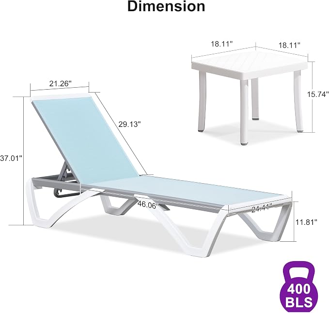 PURPLE LEAF Patio Chaise Lounge Chair Set of 3 Outside Aluminum Plastic - Image 2