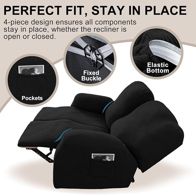 Recliner Loveseat Covers, 4-Piece Stretch Geometric Strokes Jacquard Reclining - Image 4