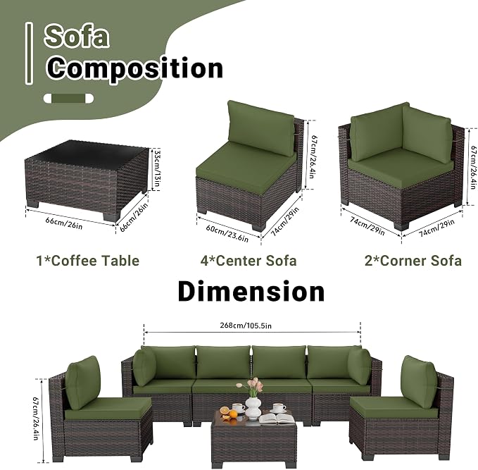 LEVELEVE 7 Pieces Outdoor Patio Furniture Sets, Rattan Conversation Sectional - Image 2