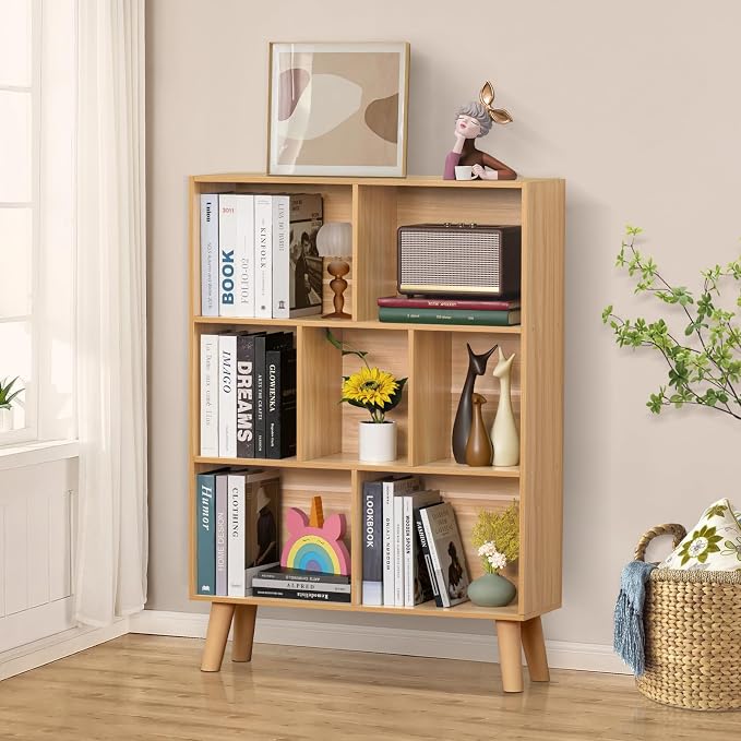 LEYAOYAO Wooden 7 Cube Book Shelf, Natural 3 Tier Bookshelf - Image 8