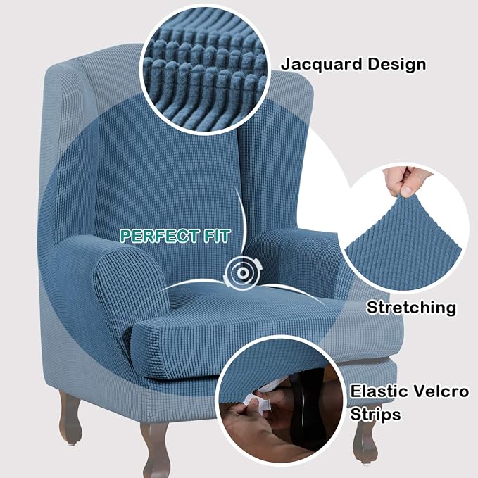 Turquoize Wingback Chair Covers 2 Piece Wing Chair Slipcover Stretch Slipcovers - Image 4