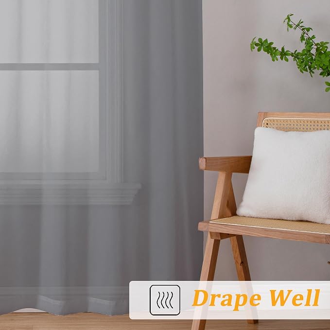 Gwine Charcoal Grey Sheer Curtains 96 Inches Long 2 Panels, Elegant Window - Image 6