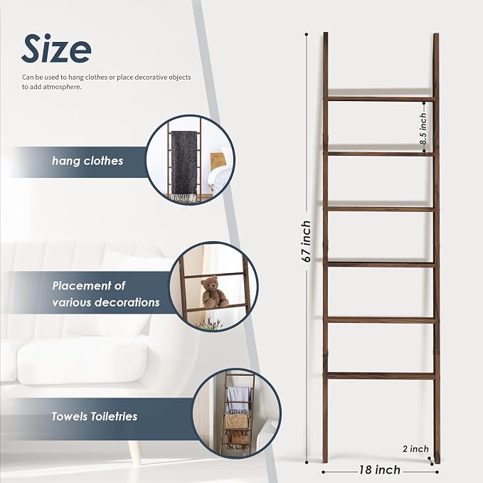 Acacia Wood 6-Tier Blanket Ladder, 5.7FT Blanket Quilt Towel Holder Rack - Image 2