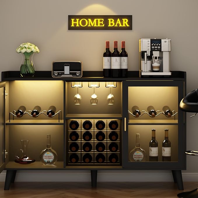 Loomie Wine Bar Cabinet with LED Light, Home Coffee Cabinet with Wine Rack and - Image 6